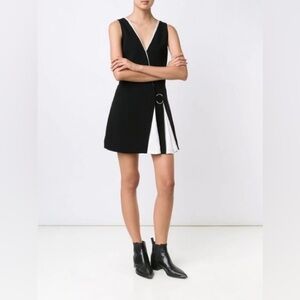 Cinq à Sept Two Tone Silk Ivory and Black Sleeveless Ring Detail Mini Dress